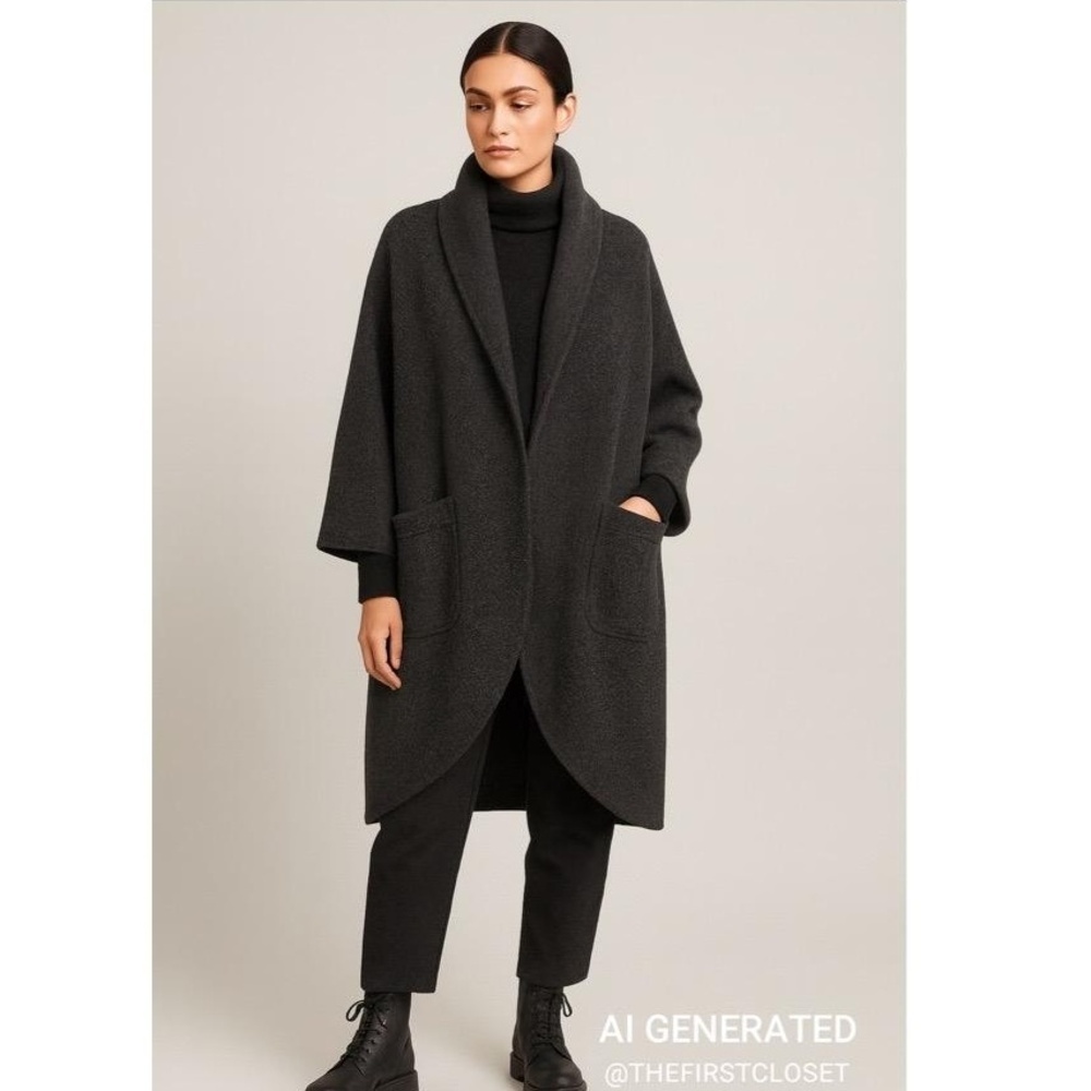 Madein Italy Oversized Boiled Wool Coatigan Shawl Collar, Patch Pocket Lagenlook